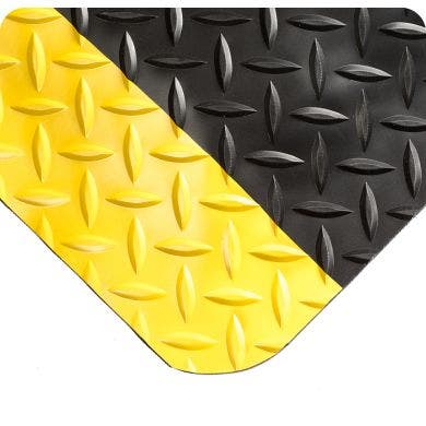 Diamond-Plate General Purpose Anti-fatigue Workstation mat- Black w/ Yellow Borders corner